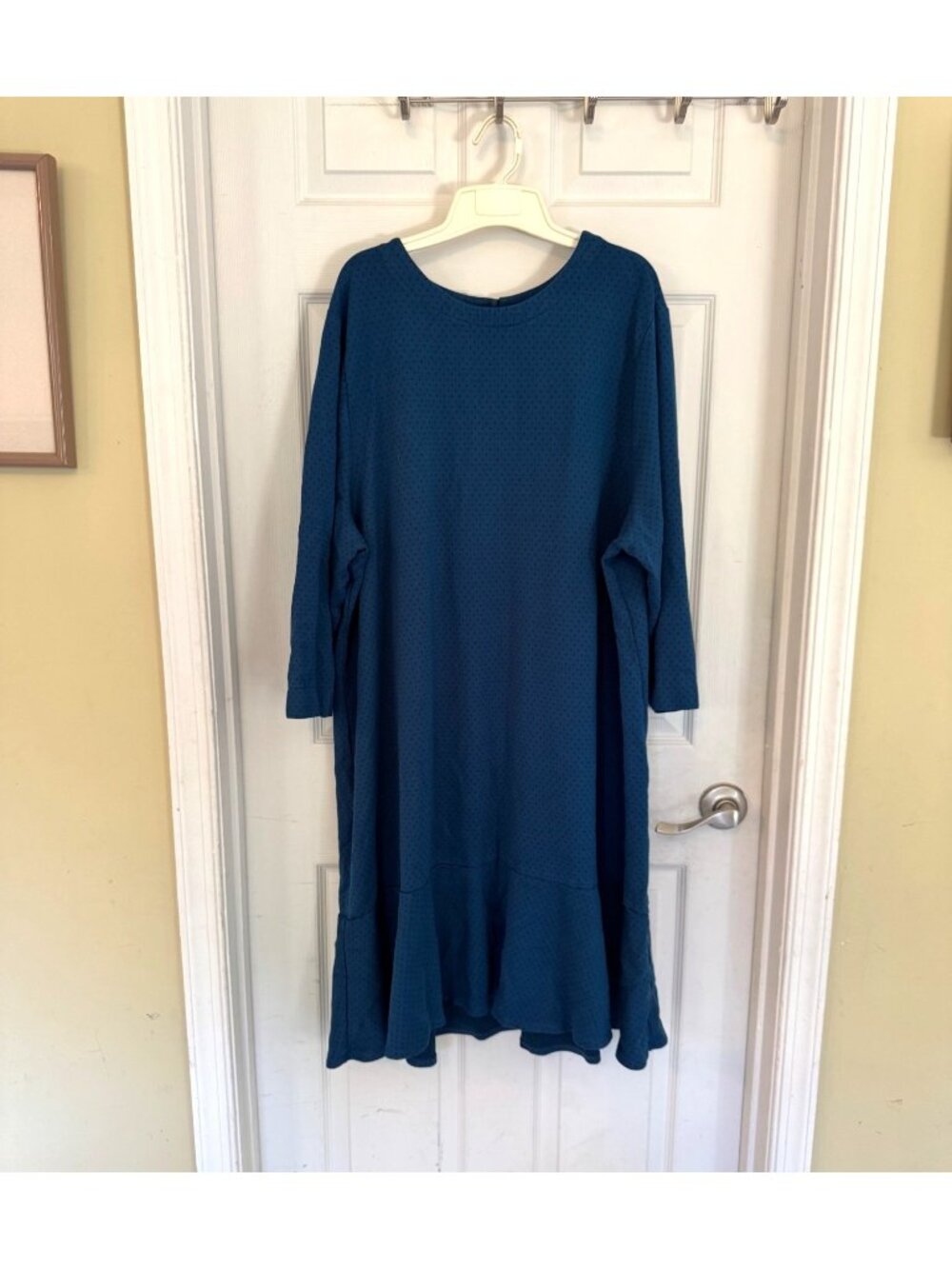 J.Jill Blue Polka Dot Ponte Knit Midi Dress Ruffle Hem Jersey Comfort Profession